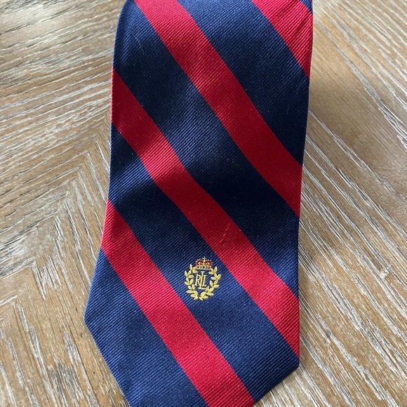 Vintage Lauren Ralph Lauren Blue & Red Stripe Silk Hand Finished Tie with Logo - Picture 7 of 11